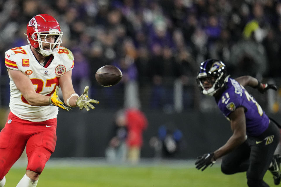 Kansas City Chiefs tight end Travis Kelce (87) prepares to make a catch against the Baltimore Ravens during the second half of an AFC Championship NFL football game, Sunday, Jan. 28, 2024, in Baltimore. (AP Photo/Julio Cortez)