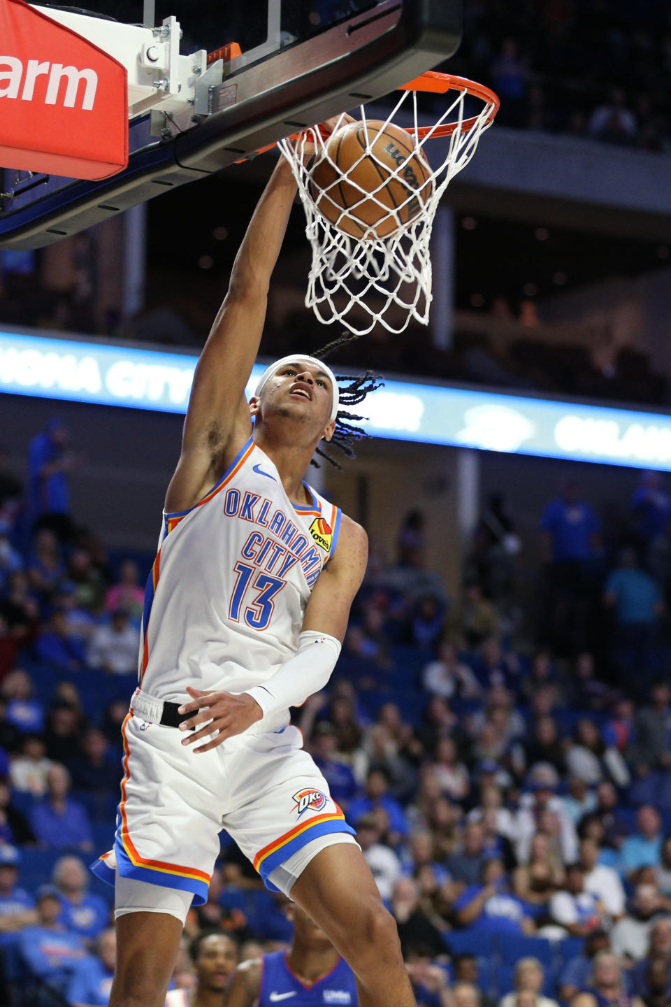 Oct 19, 2023; Tulsa, Oklahoma, USA; Oklahoma City Thunder forward <a class="link " href="https://sports.yahoo.com/nba/players/6701" data-i13n="sec:content-canvas;subsec:anchor_text;elm:context_link" data-ylk="slk:Ousmane Dieng;sec:content-canvas;subsec:anchor_text;elm:context_link;itc:0">Ousmane Dieng</a> (13) dunks in the second half against the Detroit Pistons at BOK Center. Mandatory Credit: Joey Johnson-USA TODAY Sports