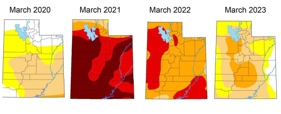 The U.S. Drought Monitor maps of Utah by the end of March from 2020 through 2023. The bright red represents extreme drought; the dark red represents exceptional drought.