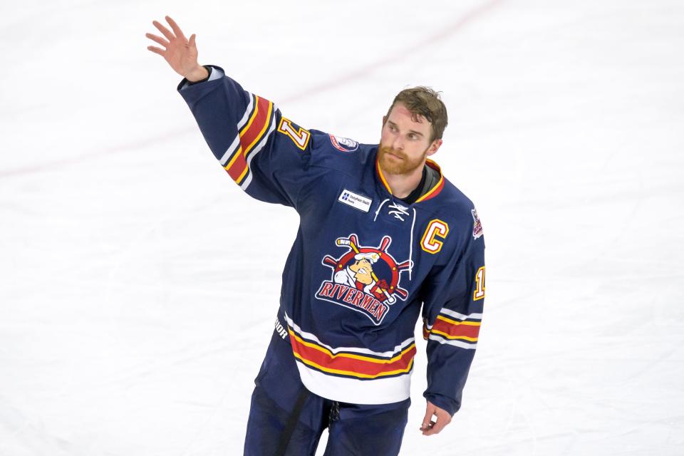 Retiring Peoria Rivermen captain Alec Hagaman takes one last skate around Carver Arena after their 5-3 loss to Roanoke in the elimination Game 3 of the SPHL semifinals Sunday, April 23, 2023 at the Peoria Civic Center.