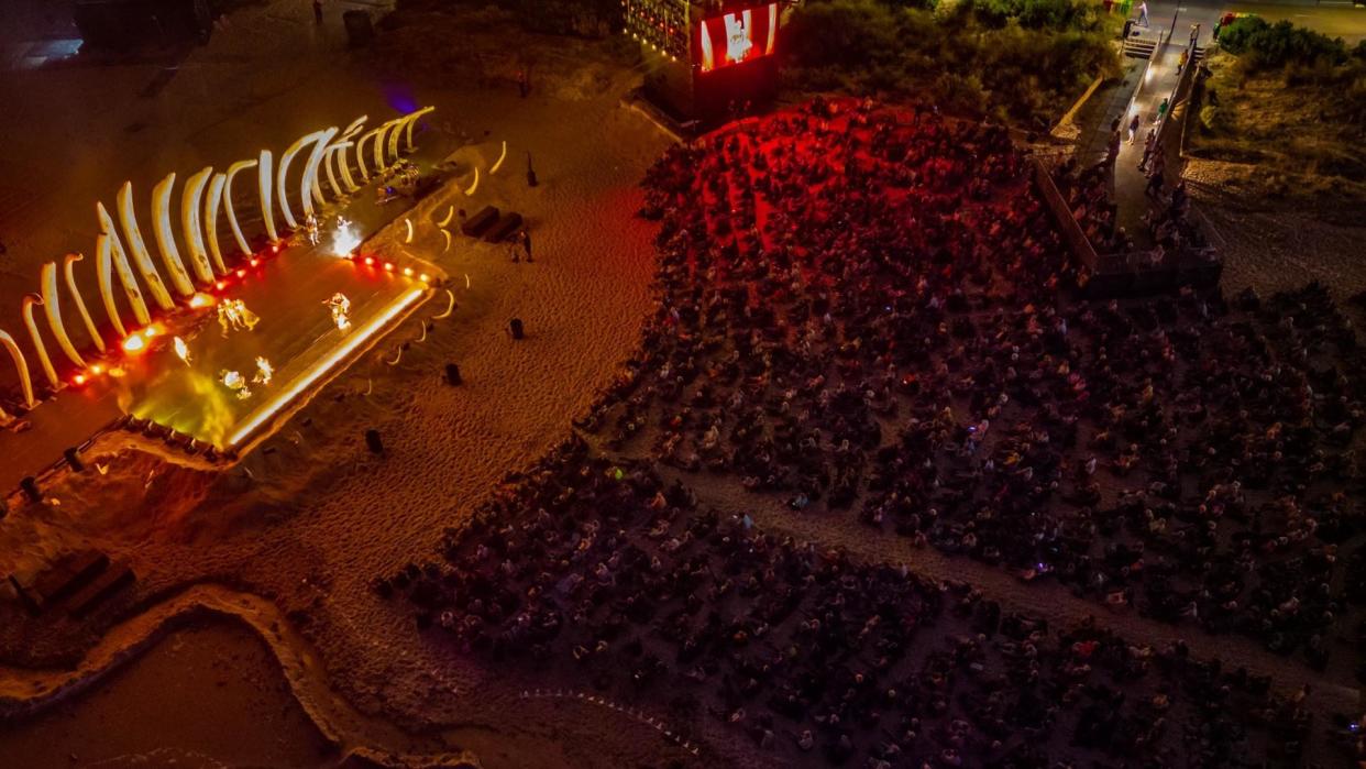<span>Baleen Moondjan runs until Saturday at Glenelg beach, which has become an amphitheatre of sand, sea and bone for the Adelaide festival 2024. </span><span>Photograph: SA-UAVs</span>