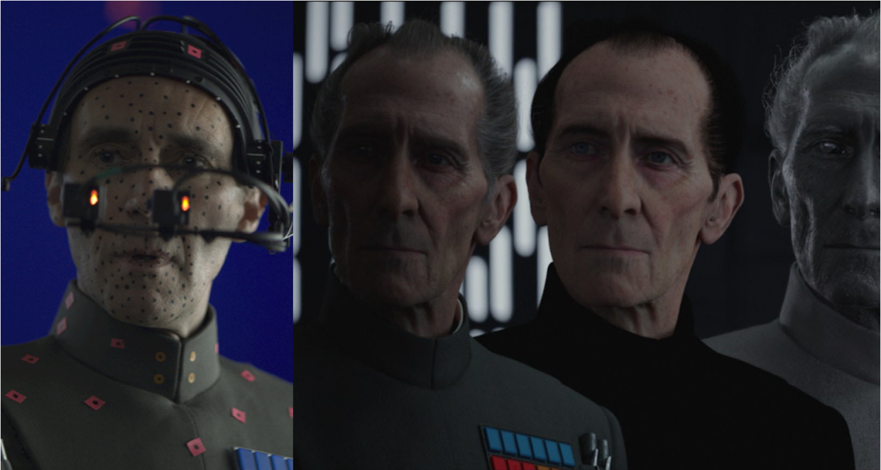 Guy Henry as Tarkin on the 'Rogue One' set and layers of the CGI recreation of Peter Cushing. (Credit: LucasFilm)