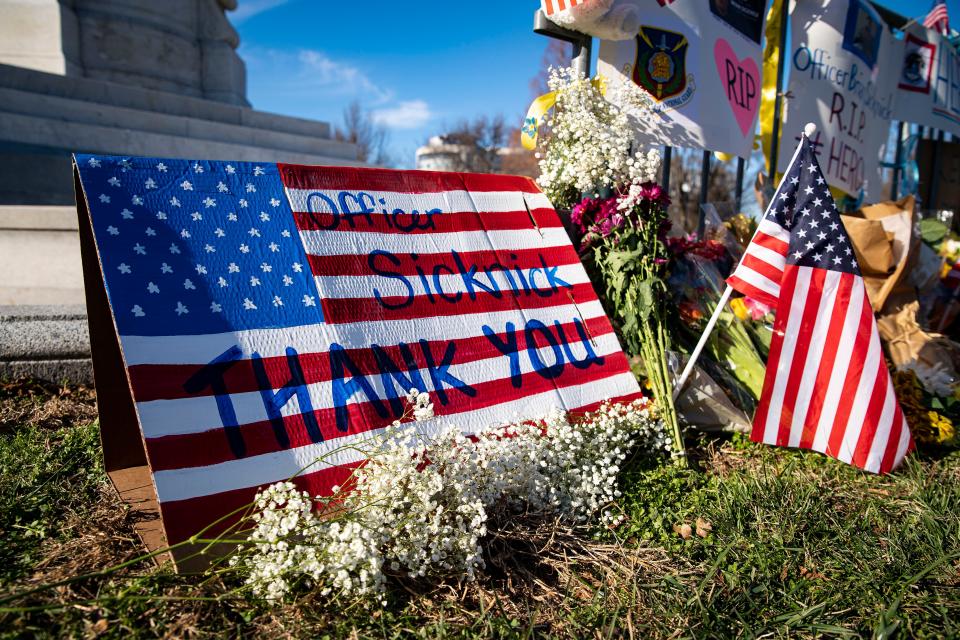 A memorial for U.S. Capitol Police Officer Brian Sicknick is erected near the U.S. Capitol on Jan. 10.