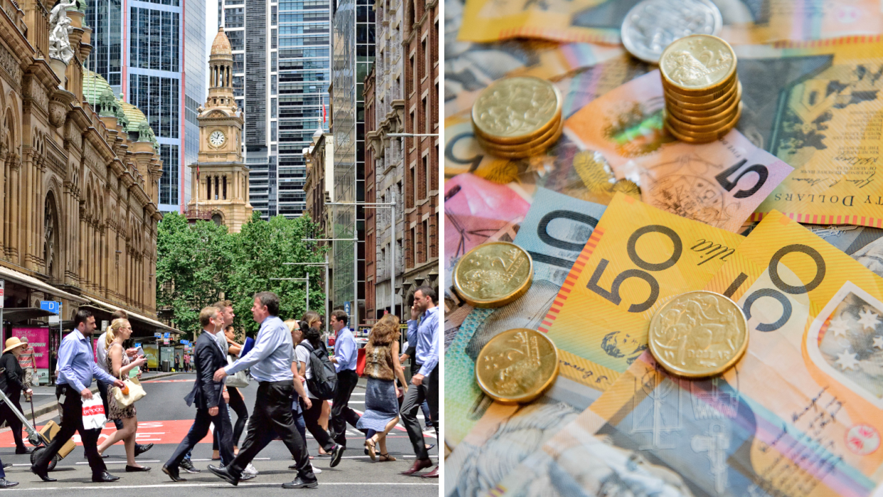 People walking Sydney city and Australian money notes pay rise.