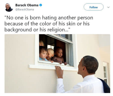 The most popular tweet of 2017, with nearly 4.6 million "Likes", posted by former U.S. President Barack Obama, accompanied by a photo by White House photographer Peter Souza and a quote by Nelson Mandela, is shown in this photo obtained December 5, 2017. Courtesy of Twitter @BarackObama/Handout via REUTERS