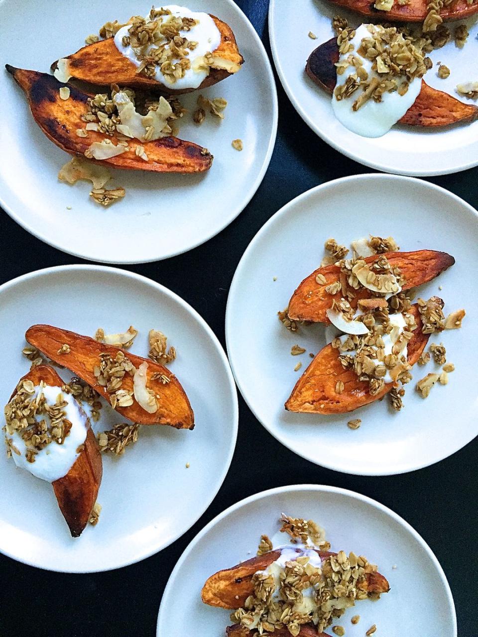Roasted Yams with Brown Butter Granola and Maple Yogurt