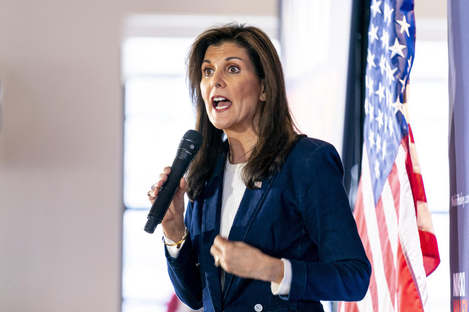 FILE - Republican presidential candidate former UN Ambassador Nikki Haley speaks at Toast in Ankeny, Iowa, Thursday, Jan. 11, 2024. As Republican primary voters prepare to cast ballots for who they believe should lead the U.S. into its future, leading candidates are struggling to discuss key elements of the nation’s past. Haley, Florida Gov. Ron DeSantis, and former President Donald Trump have all raised eyebrows with rhetoric on the Civil War and slavery. (AP Photo/Andrew Harnik, File)