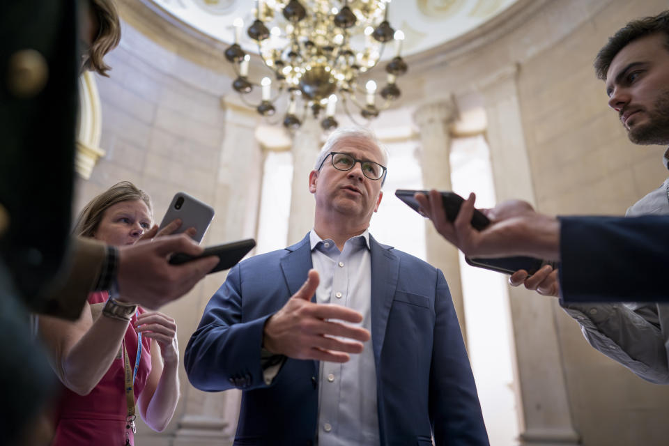 Rep. Patrick McHenry, R-N.C., a key ally of House Speaker Kevin McCarthy, R-Calif., and chairman of the House Financial Services Committee, talks to reporters outside the Speaker's office after debt limit negotiations with President Joe Biden's mediators came to an abrupt halt, at the Capitol in Washington, Friday, May 19, 2023. McHenry said "We've taken a pause and we have significant gaps that have to be bridged for us to merit more conversation." (AP Photo/J. Scott Applewhite)