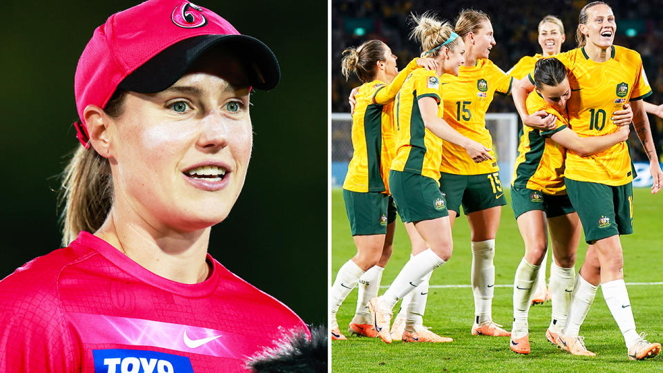 Ellyse Perry, pictured here alongside Matildas players.