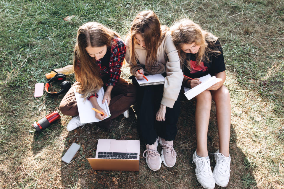 Three girls sit on the grass, with notebooks and a laptop, writing or drawing together. One is in a plaid shirt, one in a sweatshirt, and one in a t-shirt and shorts