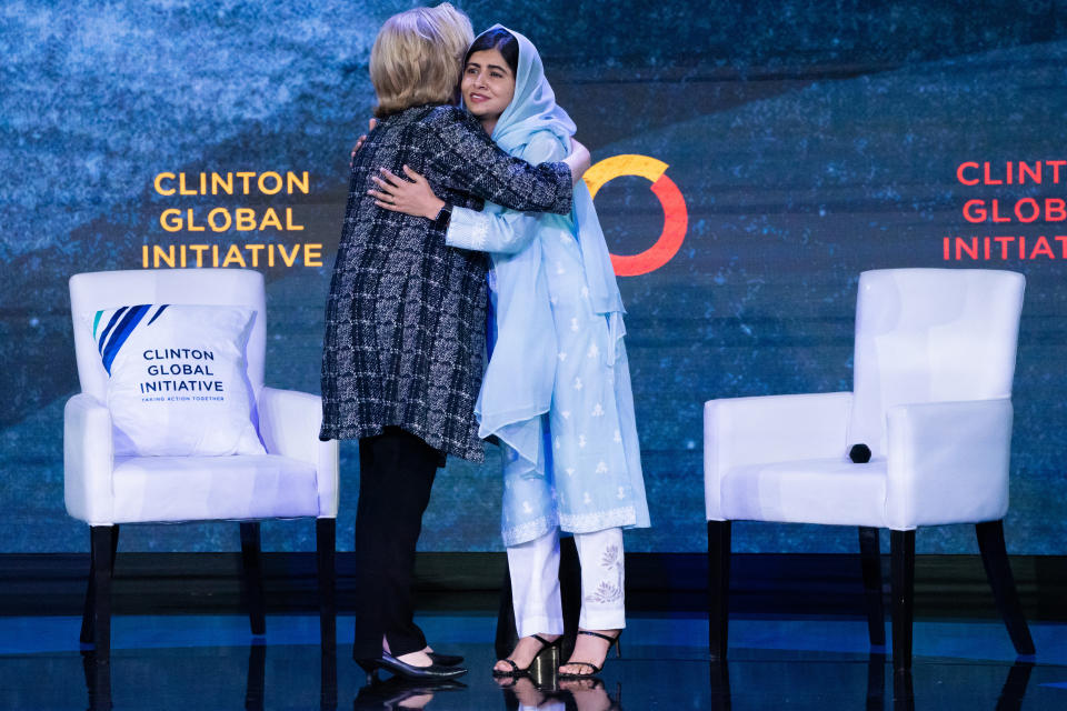 Malala Yousafzai greets Hillary Clinton at the Clinton Global Initiative, Tuesday, Sept. 20, 2022, in New York. (AP Photo/Julia Nikhinson)