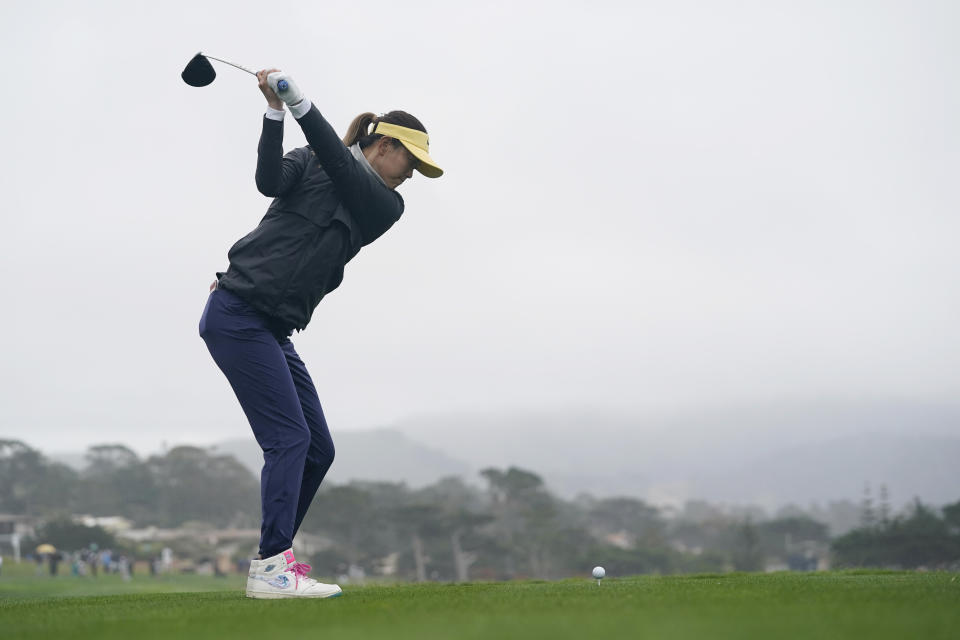 Michelle Wie West hits from the 10th tee during the first round of the U.S. Women's Open golf tournament at the Pebble Beach Golf Links, Thursday, July 6, 2023, in Pebble Beach, Calif. (AP Photo/Godofredo A. Vásquez)