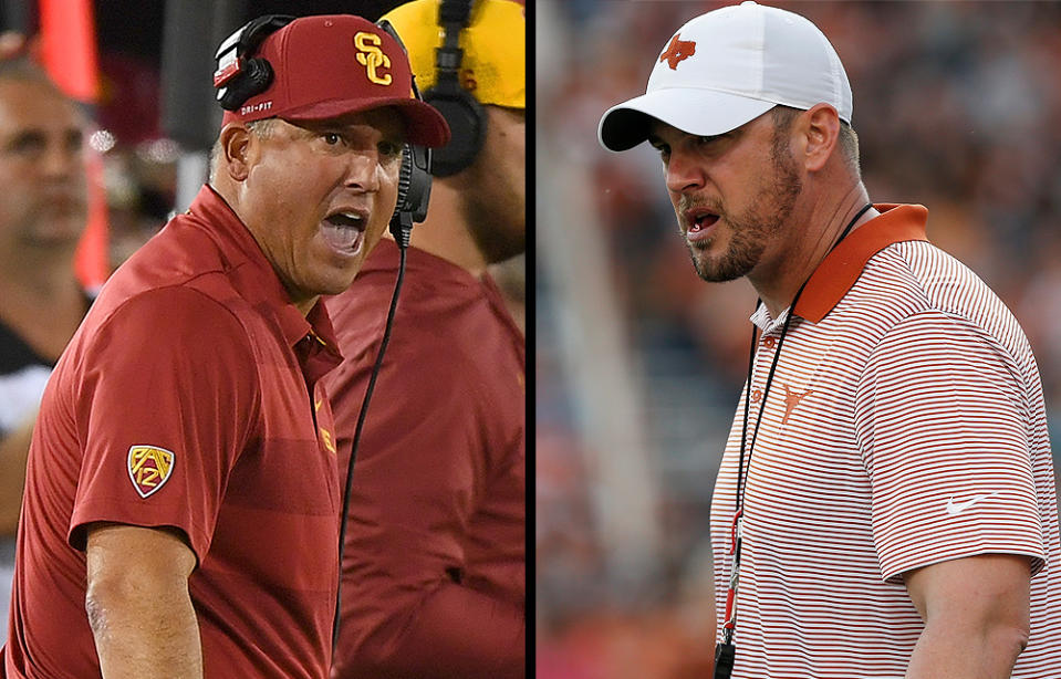 USC’s Clay Helton and Texas’ Tom Herman will meet for the second time in as many years Saturday. (AP/Getty)