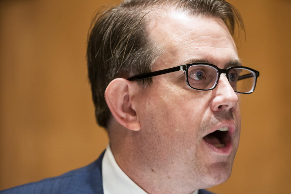 Attorney Jesse Binnall, an attorney for the Trump campaign, speaks during a Senate Homeland Security & Governmental Affairs Committee hearing to discuss election security and the 2020 election process on Wednesday, Dec. 16, 2020, on Capitol Hill in Washington. (Jim Lo Scalzo/Pool via AP)