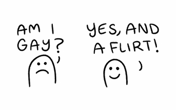 Simple cartoon showing two characters. One asks, "Am I gay?" with a sad face. The other answers, "Yes, and a flirt!" with a happy face