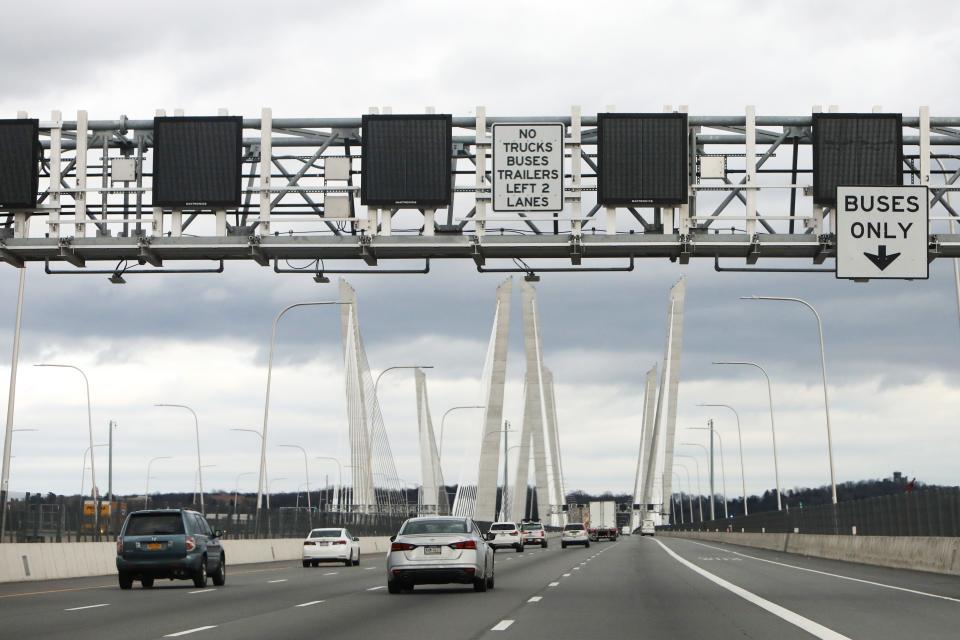 Blank electronic overhead safety signs are seen as motorists travel towards Westchester County on the Gov. Mario M. Cuomo Bridge Jan. 27, 2020.