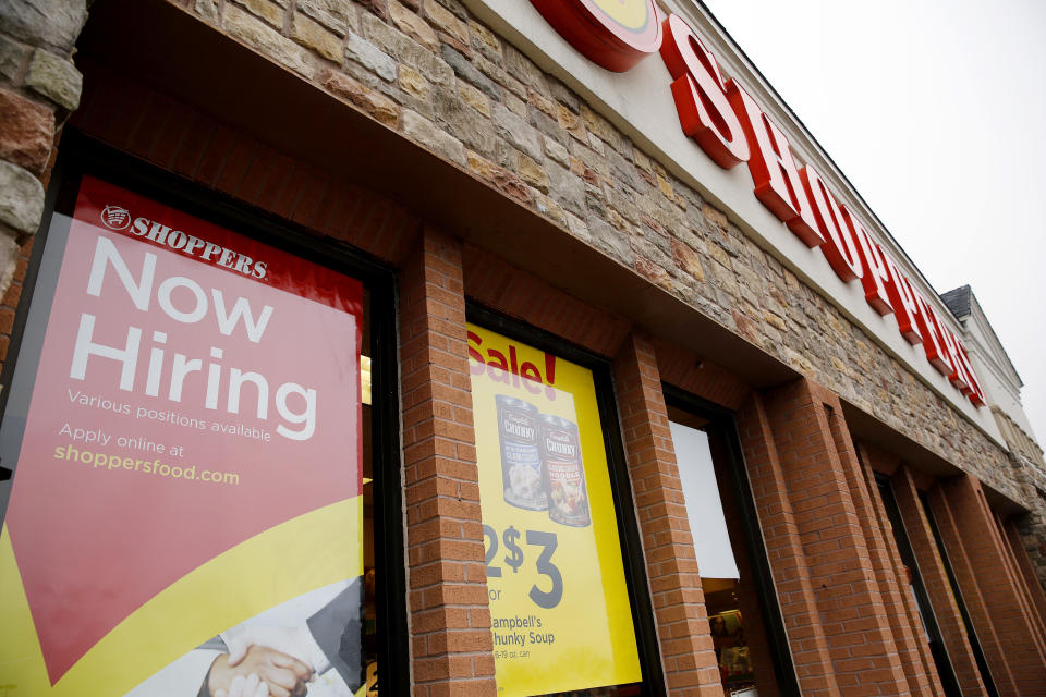 A now hiring sign is seen at the Shoppers supermarket in Olney, Maryland January 7, 2016. Shoppers supermarket is part of the SuperValu Inc network of stores.  Picture taken January 7, 2016.       REUTERS/Gary Cameron