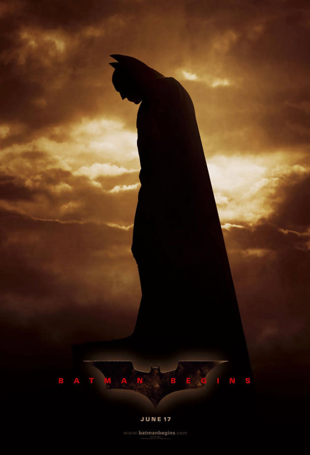 <b>’Batman Begins’ (2005)</b><br><br> It took seven years for Warner Bros to sum up the courage to try again, but by doing so kick-started one of the greatest trilogies ever committed to film. Another minimalist teaser poster shows a darker Batman. Interest began to grow... <br><br><b>[Related feature: <a href="http://uk.movies.yahoo.com/the-dark-knight-rises--the-secrets-of-nolan%E2%80%99s-success.html" data-ylk="slk:The Dark Knight Rises - The secrets to Nolan's success;elm:context_link;itc:0;sec:content-canvas;outcm:mb_qualified_link;_E:mb_qualified_link;ct:story;" class="link  yahoo-link">The Dark Knight Rises - The secrets to Nolan's success</a> ]</b>