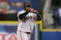 Pablo Sandoval #48 of the San Francisco Giants reacts against the Detroit Tigers during Game Four of the Major League Baseball World Series at Comerica Park on October 28, 2012 in Detroit, Michigan. (Photo by Ezra Shaw/Getty Images)