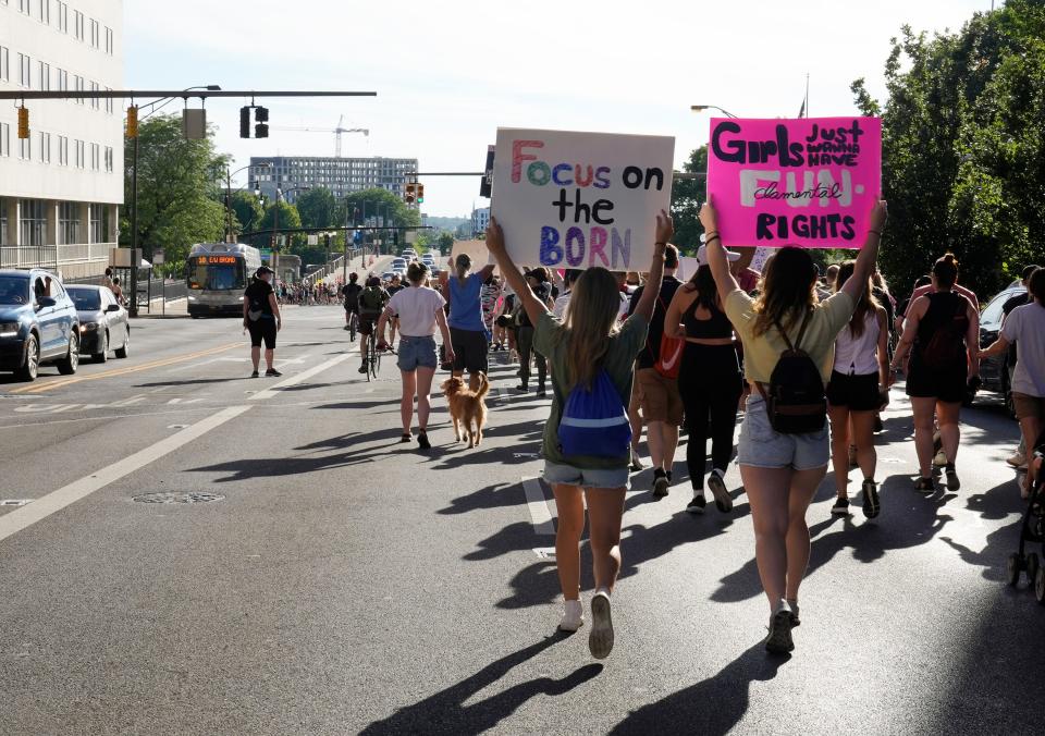 June 24, 2022; Columbus, Ohio, United States;   Hundreds of people rallied at the Ohio Statehouse and marched through downtown Columbus in support of abortion after the Supreme Court overturned Roe vs. Wade on Friday. Mandatory Credit: Barbara J. Perenic/Columbus Dispatch