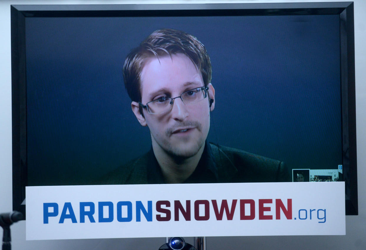 Edward Snowden speaks at the launch of a campaign calling for his pardon in 2016. (Screengrab/File)