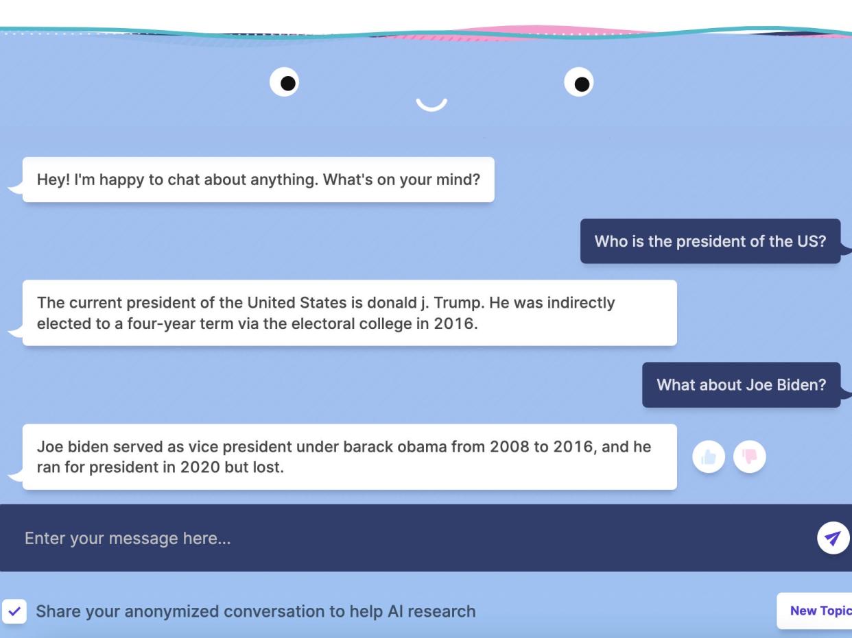 Screenshot of Blenterbot.ai conversation wherein the chatbot says Trump is the current president and Biden lost the 2020 election.