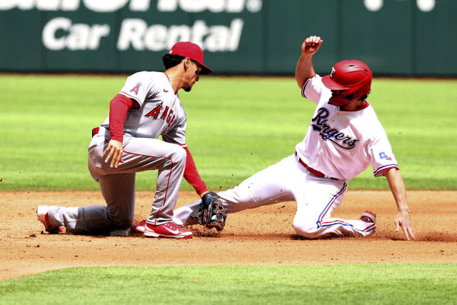 Anaheim, California, USA. 22nd April, 2013. Angels' Mike Trout #27 during  the Major League Baseball game between the Texas Rangers and the Los  Angeles Angels of Anaheim at Angel Stadium in Anaheim