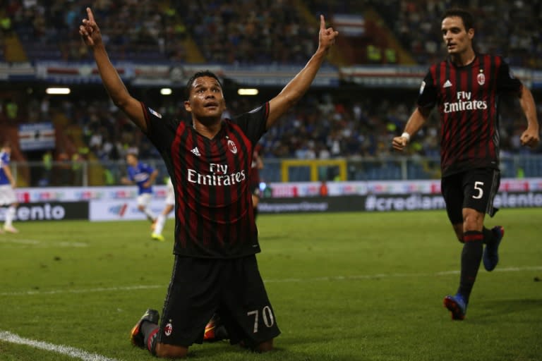 AC Milan's Colombian forward Carlos Bacca celebrates after scoring against Sampdoria on September 16, 2016