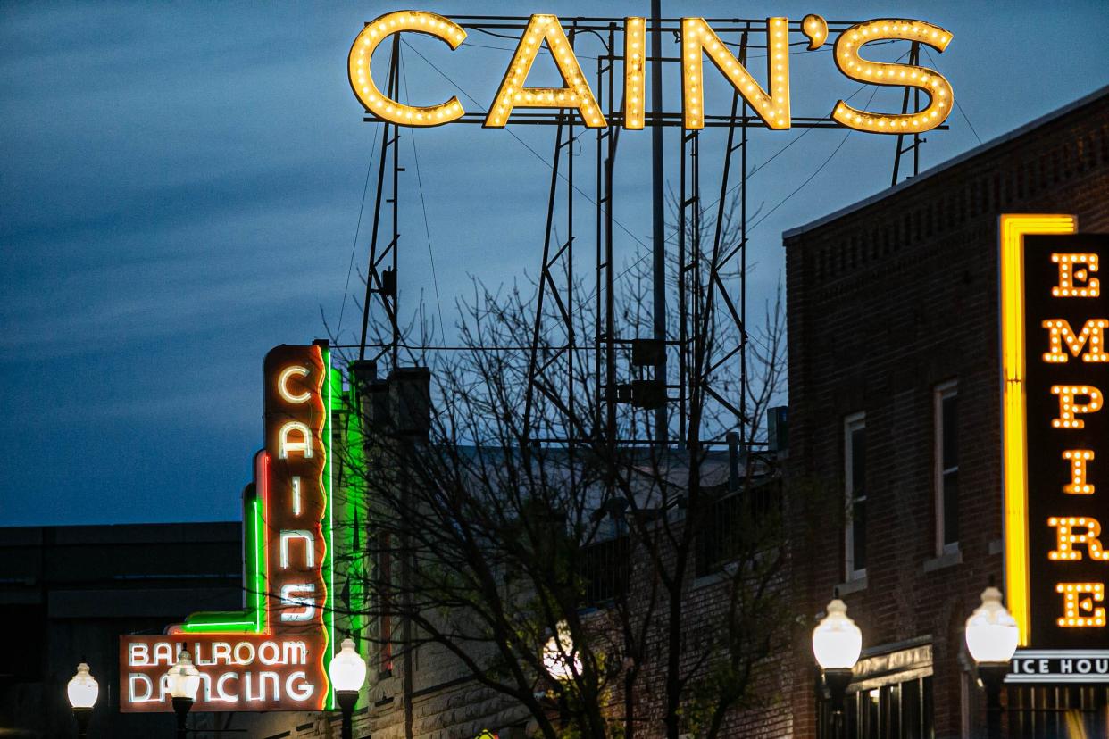 The signs for Cain's Ballroom are illuminated for an Elvis Costello concert there in Tulsa on Saturday, May 7, 2022.