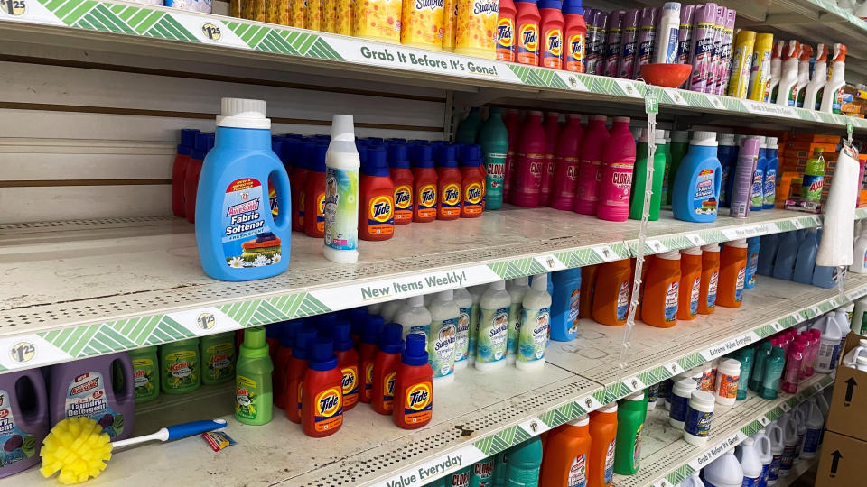 Household products manufactured by Procter & Gamble are seen on shelves at the Dollar Tree in Newburgh, New York, US, May 14, 2023. REUTERS/Jessica DiNapoli