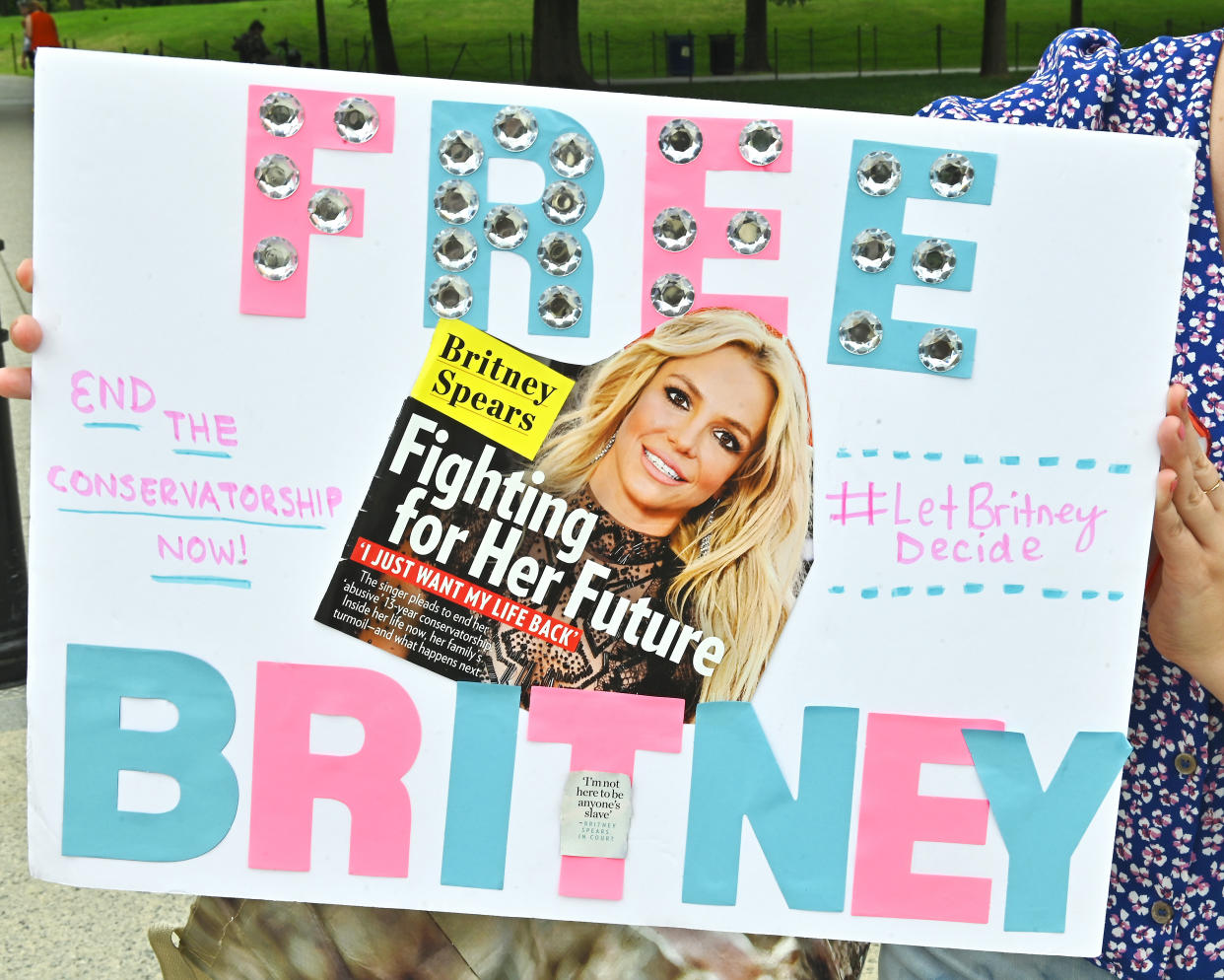 Signs at the #FreeBritney Rally at the Lincoln Memorial in July  in Washington, D.C. The #FreeBritney movement seeks an end to a conservatorship of the singer managed by her father, Jamie Spears, and Jodi Montgomery, which controls her assets and business dealings, following her involuntary hospitalization for mental care in 2008. (Shannon Finney/Getty Images)