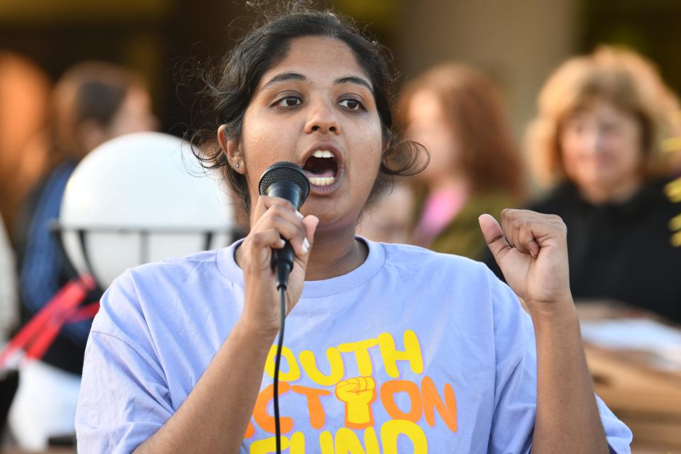 Anjani Sharma, a Brevard high school student, spearheaded a rally against book banning organized by Brevard Students for Change. The protest was held before a packed school board meeting Tuesday night in Viera.