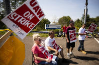 Workers and their supporters picket outside a General Motors facility in Langhorne, Pa., Monday, Sept. 23, 2019. The strike against General Motors by 49,000 United Auto Workers entered its second week Monday with progress reported in negotiations but no clear end in sight. (AP Photo/Matt Rourke)