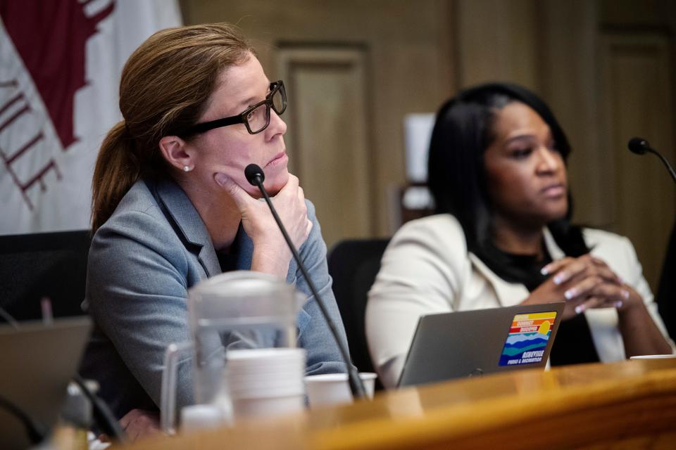 Mayor Esther Manheimer, left, and council member Sheneika Smith listen during an Asheville City Council meeting, January 10, 2023, which addressed the water outages that impacted thousands the previous month.