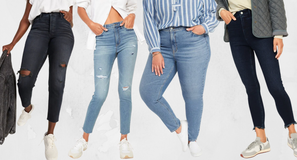 four old navy models wearing dark, blue and ripped jeans