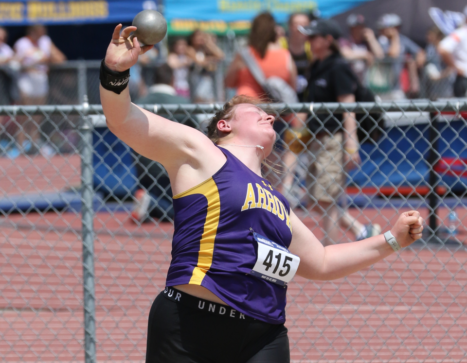 Paige McAreavey of Watertown throws the shot put during the 2024 South Dakota State Track and Field Championships at Howard Wood Field in Sioux Falls. McAreavey is a returning place winner in the Class A girls' discus.