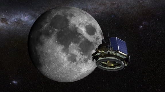 Artist's concept of Moon Express' MX-1 lunar lander headed toward the moon.