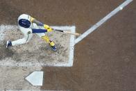Milwaukee Brewers' Joey Ortiz hits a double during the sixth inning of a baseball game against the Tampa Bay Rays Monday, April 29, 2024, in Milwaukee. (AP Photo/Morry Gash)