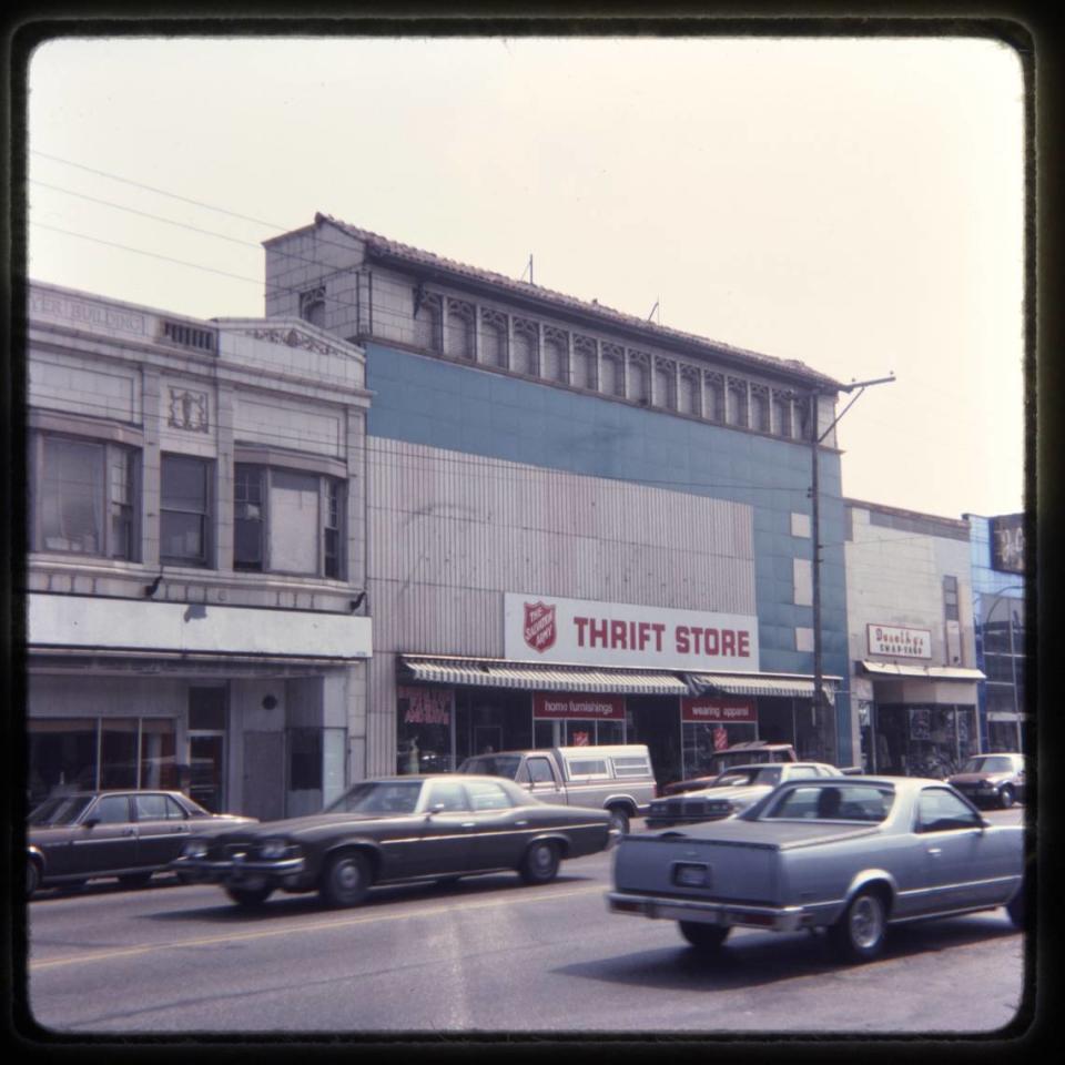 The Warwick in 1983, when it was used as a Salvation Army Thrift Store. Provided by Missouri Valley Special Collections, Kansas City Public Library in Kansas City, Missouri.