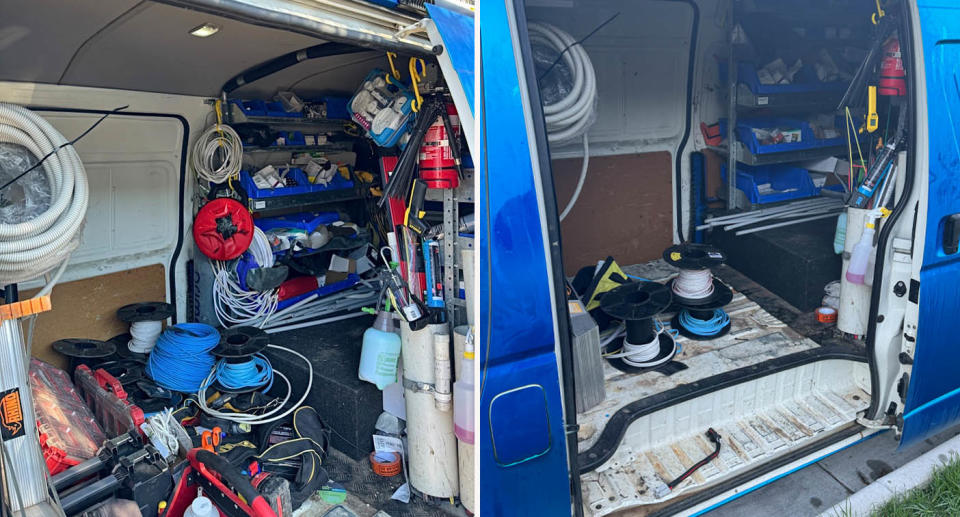 Inside of Shannon Powell's work van pictured before and after theft of tools outside his home. 