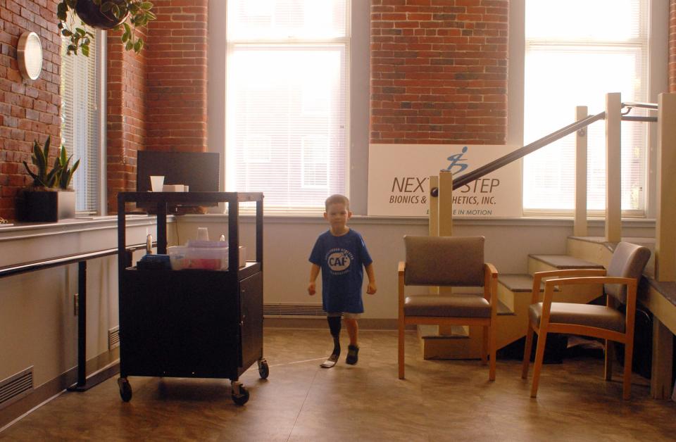 Three-year-old TJ DeAngelo, of Derry, New Hampshire, was born with a congenital condition that resulted in amputation. He is pictured here with his new running "blade" gifted to him by the Challenged Athletes Foundation.