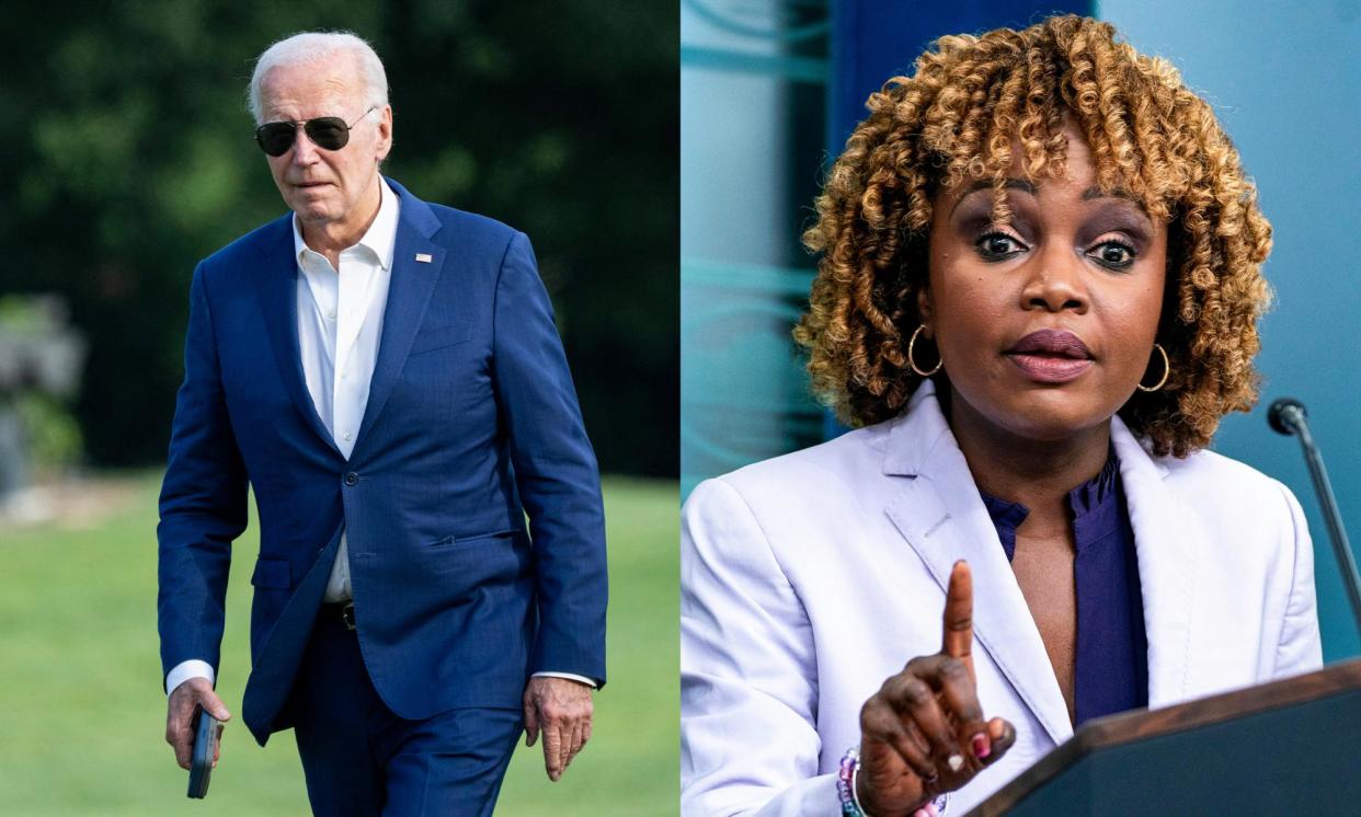 <span>Karine Jean-Pierre sparred with reporters over visits by a Parkinson’s disease specialist to the White House.</span><span>Composite: AFP via Getty Images, REX/Shutterstock</span>