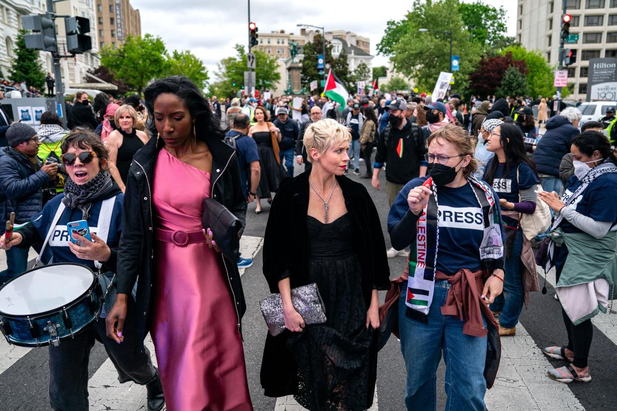 Demonstrators try to block arriving guests outside of the Washington Hilton, the site of the Annual White House Correspondents Dinner, on April 27, 2024 in Washington, DC.