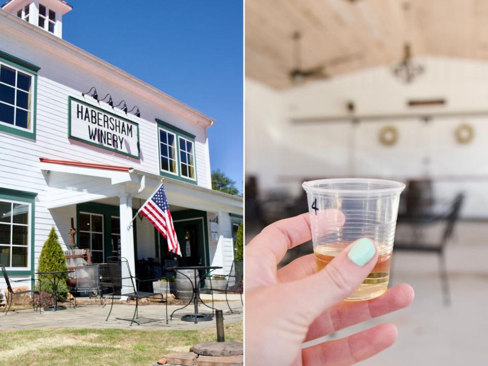 The front of Habersham Winery (L) and the author holding a drink sample in the winery’s covered patio, Alison Datko, "I visited a small mountain town in Georgia, where the German-inspired architecture made me feel transported to Europe."