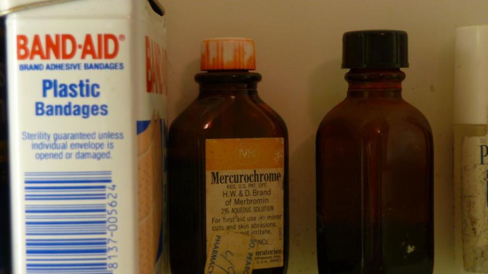 <p>This dark pink, over the counter antiseptic went on every boo-boo. It stung, it smelled, and it stained. It was in every medicine cabinet until <a href="http://ispub.com/IJS/21/2/5354" rel="nofollow noopener" target="_blank" data-ylk="slk:FDA started looking more closely;elm:context_link;itc:0;sec:content-canvas" class="link ">FDA started looking more closely</a> and figured out that <a href="http://www.nytimes.com/1998/06/30/science/q-a-first-aid-or-not.html " rel="nofollow noopener" target="_blank" data-ylk="slk:drugs containing mercury can be harmful;elm:context_link;itc:0;sec:content-canvas" class="link ">drugs containing mercury can be harmful</a> and if you use enough of it could affect the <a href="https://www.atsdr.cdc.gov/mercury/mercury_report.html " rel="nofollow noopener" target="_blank" data-ylk="slk:brain, kidneys, and babies in utero;elm:context_link;itc:0;sec:content-canvas" class="link ">brain, kidneys, and babies in utero</a>. <br></p>