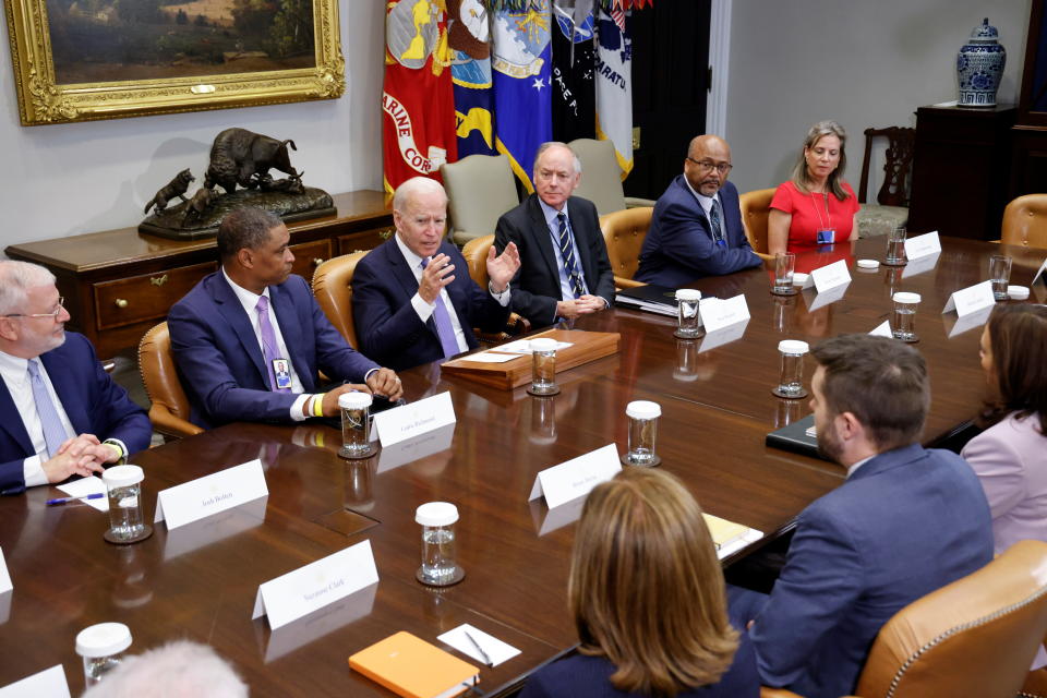 U.S. President Joe Biden holds a meeting on infrastructure with labor and business leaders at the White House in Washington, U.S. July 22, 2021.  REUTERS/Jonathan Ernst