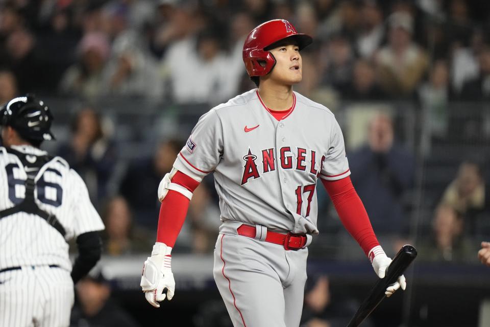 Los Angeles Angels' Shohei Ohtani reacts after striking out during the third inning of the team's baseball game against the New York Yankees on Tuesday, April 18, 2023, in New York. (AP Photo/Frank Franklin II)
