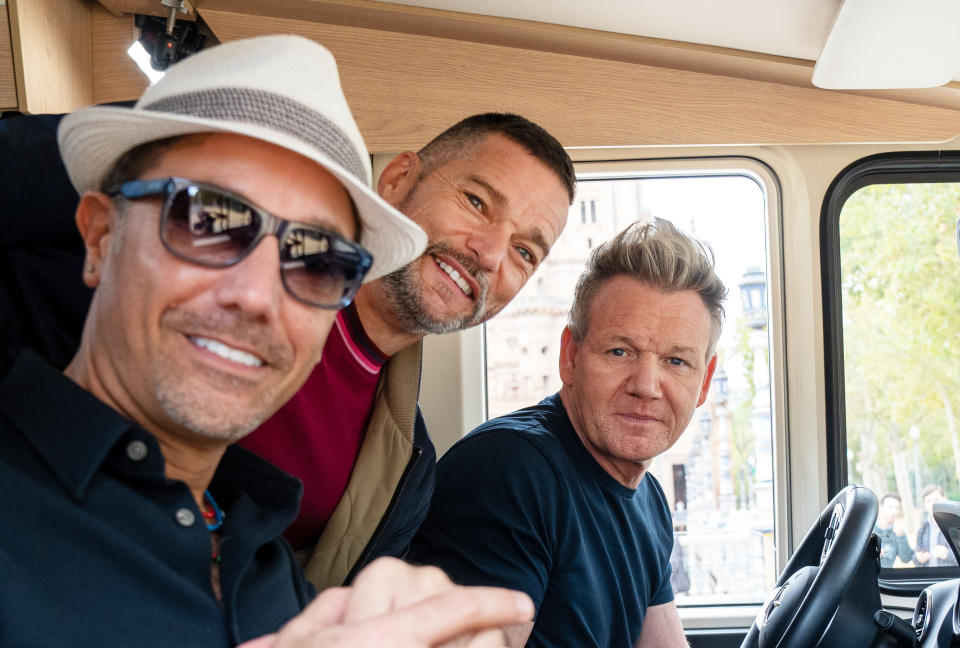 Gino D'Acampo, Fred Sirieix and Gordan Ramsay tarvelled around Spain in a camper van. (ITV)