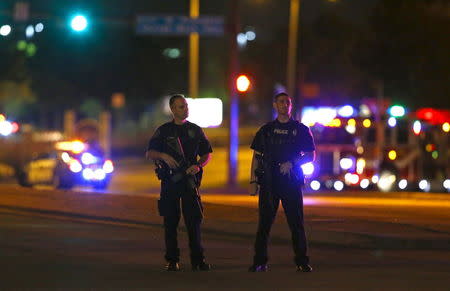 Police officers block an intersection near the Curtis Culwell Center after a shooting outside the Muhammad Art Exhibit and Contest, sponsored by the American Freedom Defense Initiative which was being held at the facility in Garland, Texas May 3, 2015. REUTERS/Mike Stone