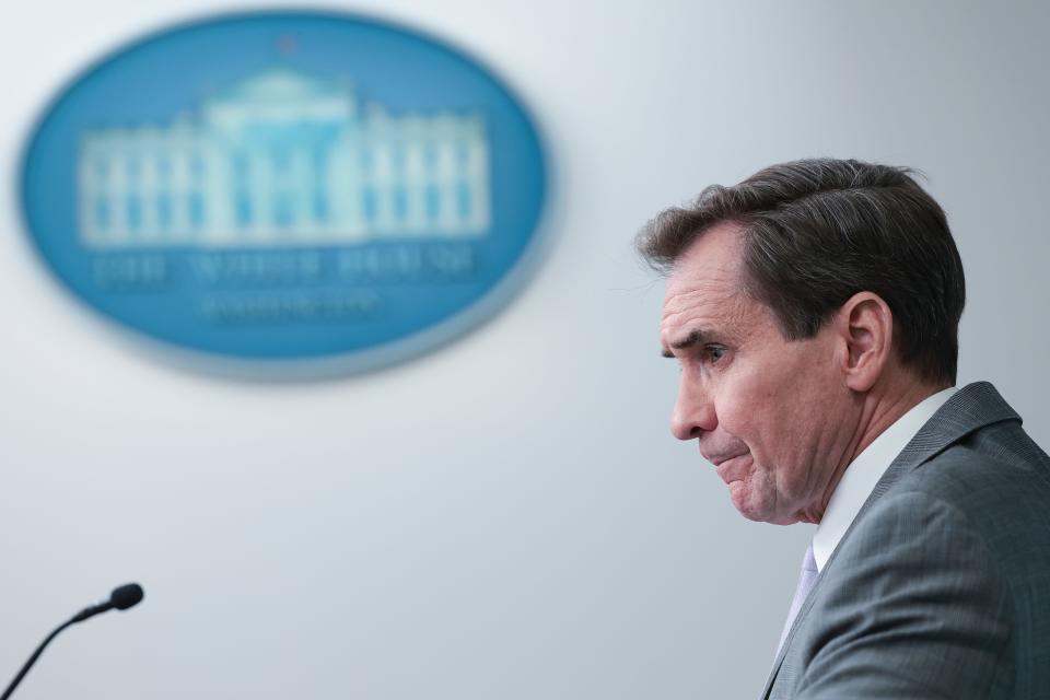 WASHINGTON, DC - JANUARY 29: National Security Council Coordinator for Strategic Communications John Kirby answers questions during the daily White House press briefing on January 29, 2024 in Washington, DC. Kirby answered a range of questions related primarily to a drone strike in Jordan yesterday that killed three U.S. service members, believed to have been carried out by an Iran-backed militia group. (Photo by Win McNamee/Getty Images) ORG XMIT: 776098490 ORIG FILE ID: 1970762206